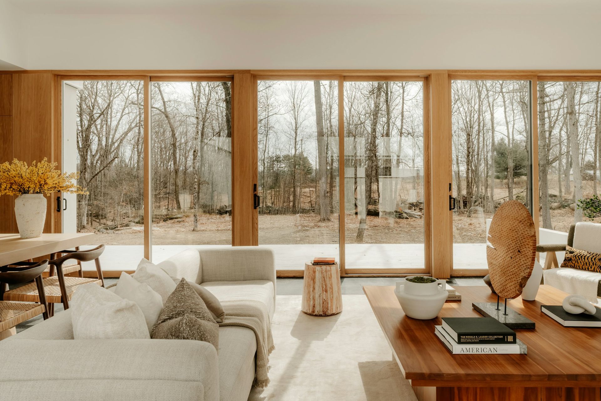 Bright living room with floor-to-ceiling glass walls