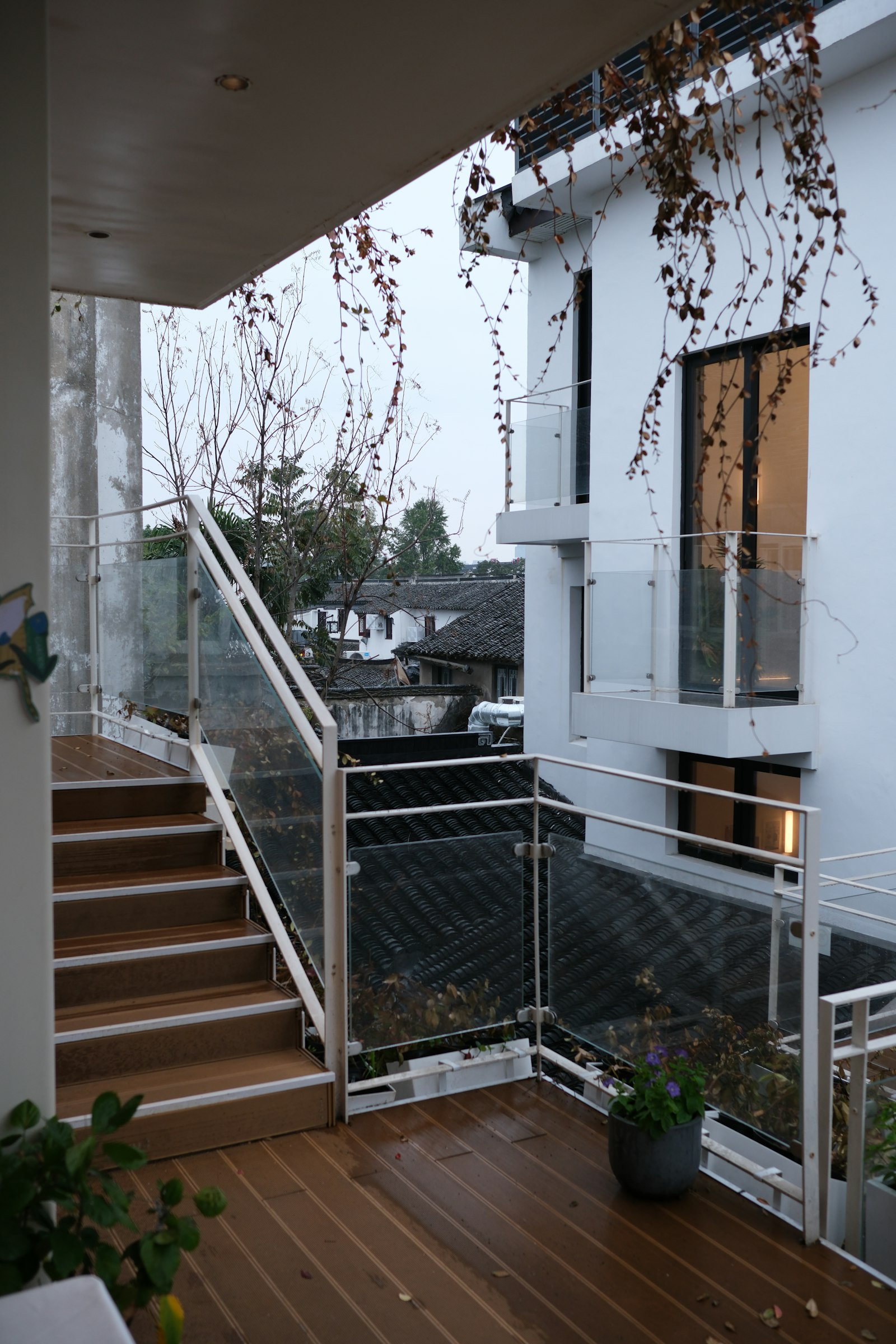 Outdoor stair with glass balustrade