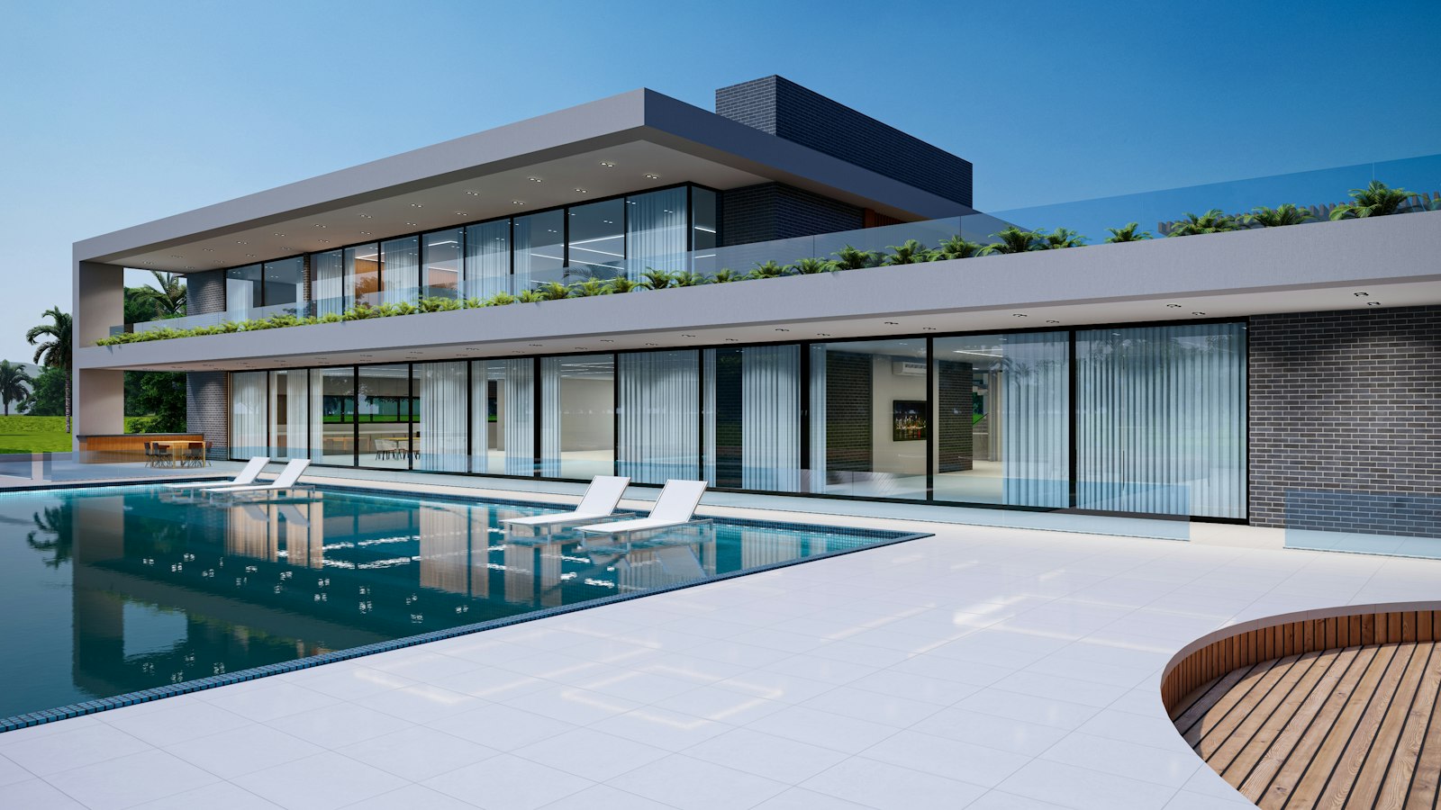 Modern villa with glass façade and pool
